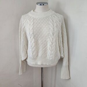 Moon & Madison Womens XS Ivory Cable Knit Pointelle Crewneck Cropped Sweater